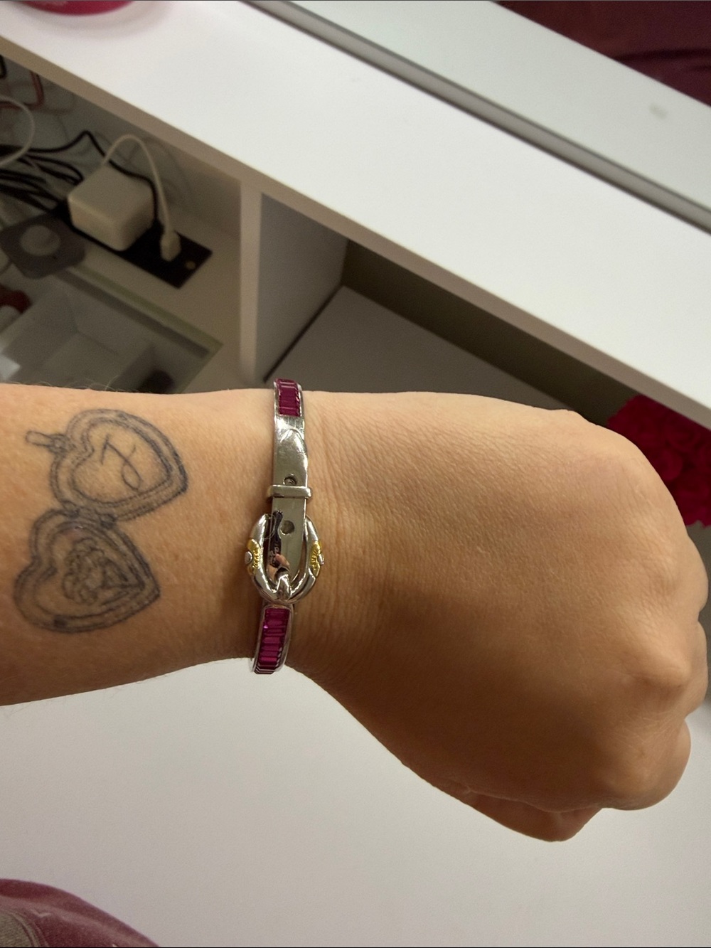 RARE Henri Bendel silver buckle bracelet with hot pink baguettes